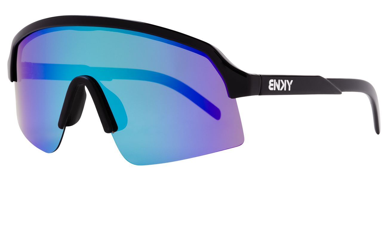 Stylish Junior Baja sunglasses in black with blue mirrored lenses, perfect for active kids who love outdoor adventures.