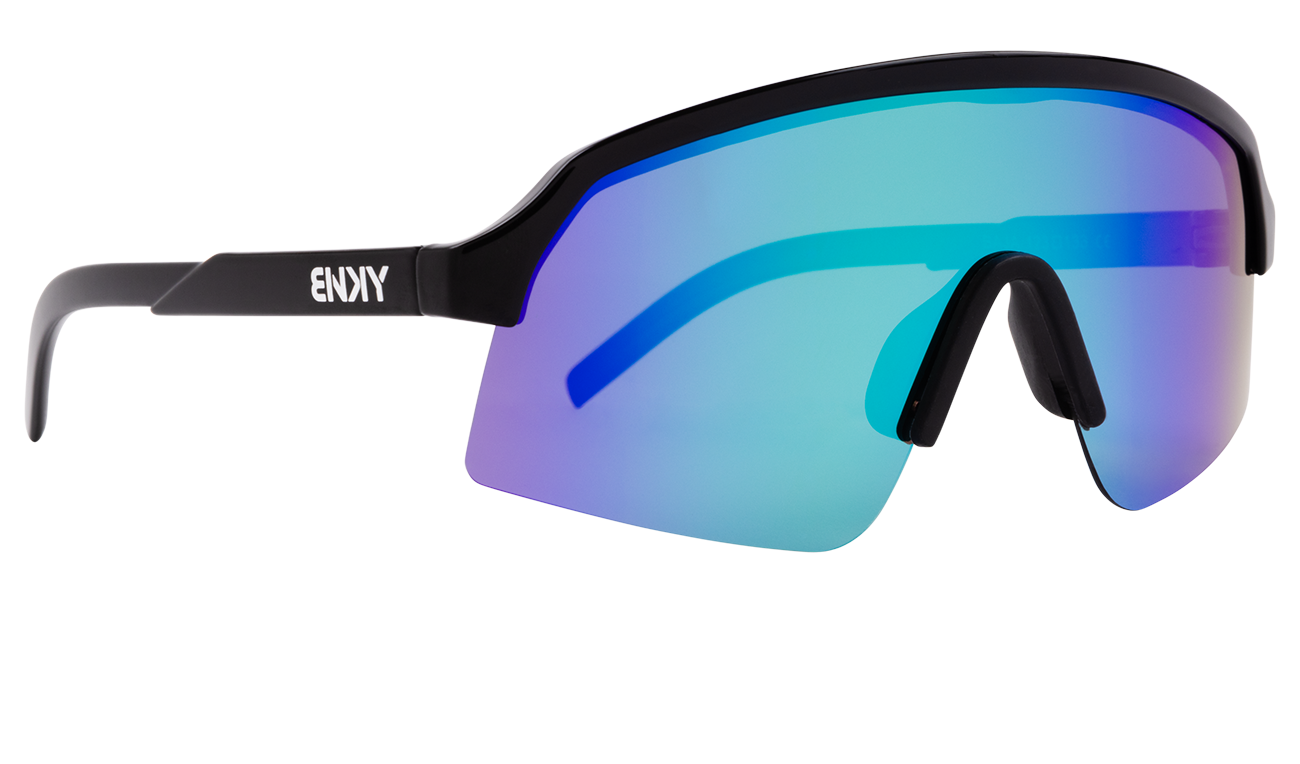 Stylish junior sunglasses with a sleek black frame and reflective blue lenses, perfect for active kids.