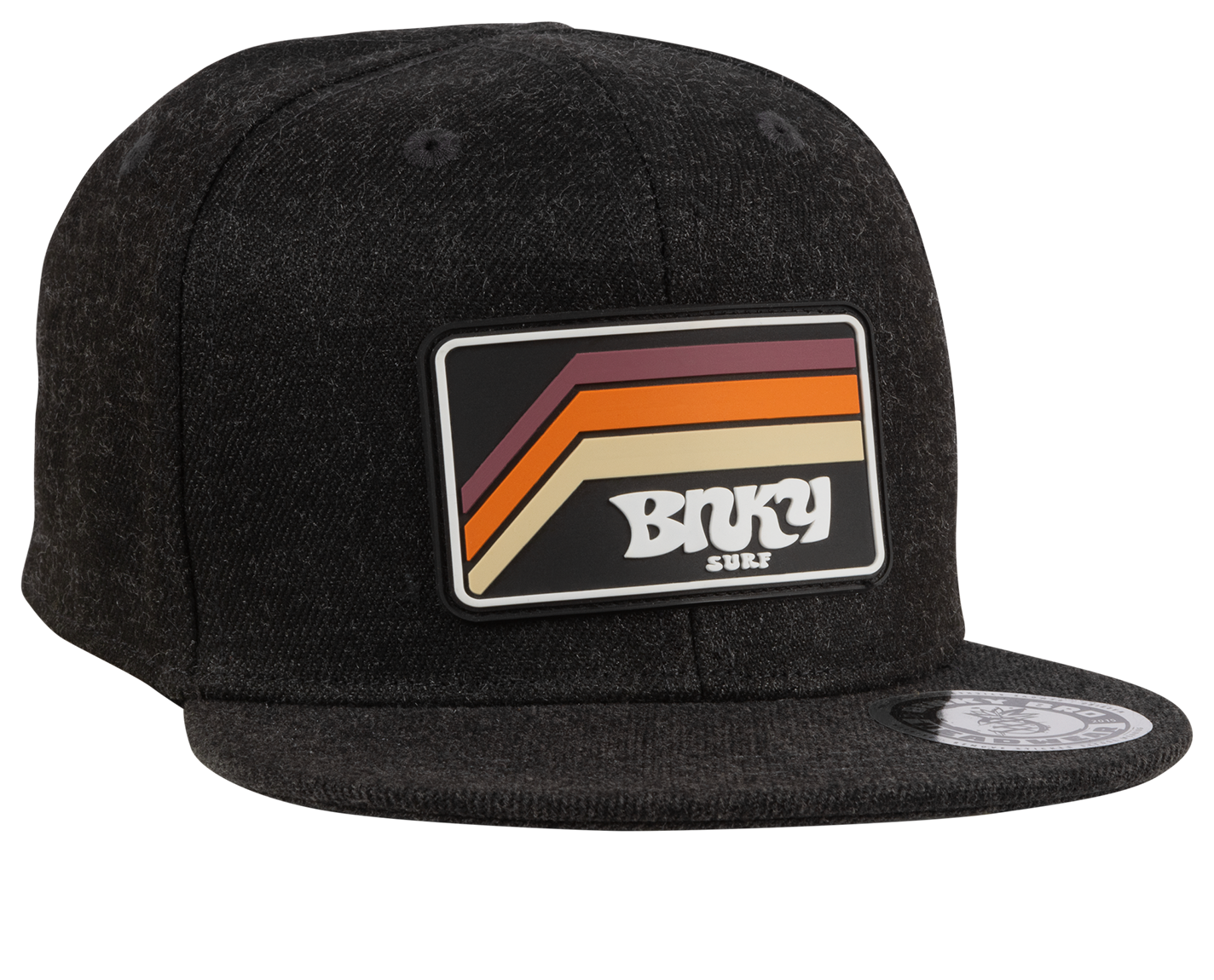 Stylish black snapback hat featuring a retro Binky Surf logo with colorful stripes, perfect for kids' surf and skate fashion.