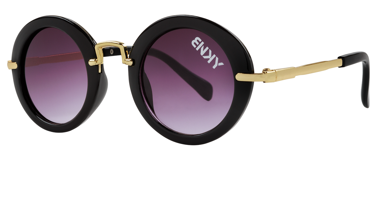 Round black sunglasses with gradient purple lenses and gold accents, stylishly designed for a trendy look.