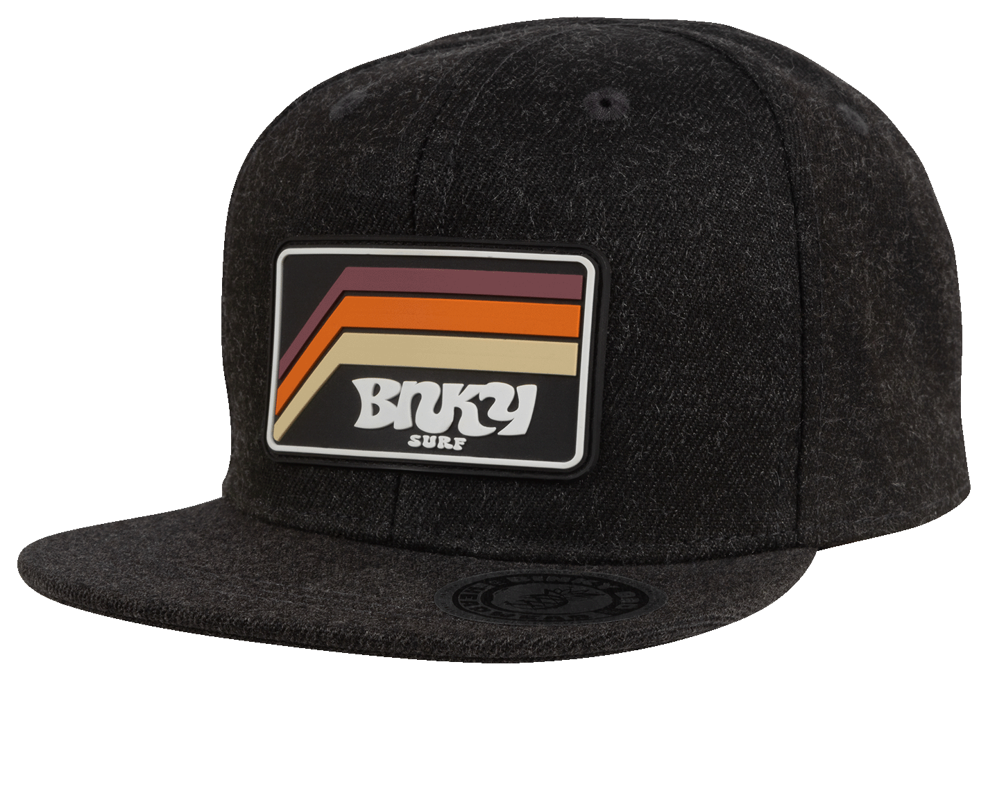 Stylish black snapback hat featuring a retro-inspired BNKY Surf logo patch, perfect for kids who love surf culture.