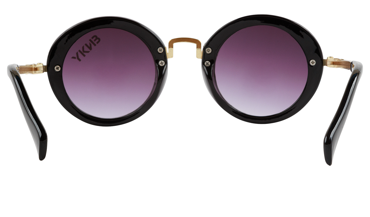 Stylish round sunglasses with a black frame and gradient purple lenses, perfect for trendy summer looks.