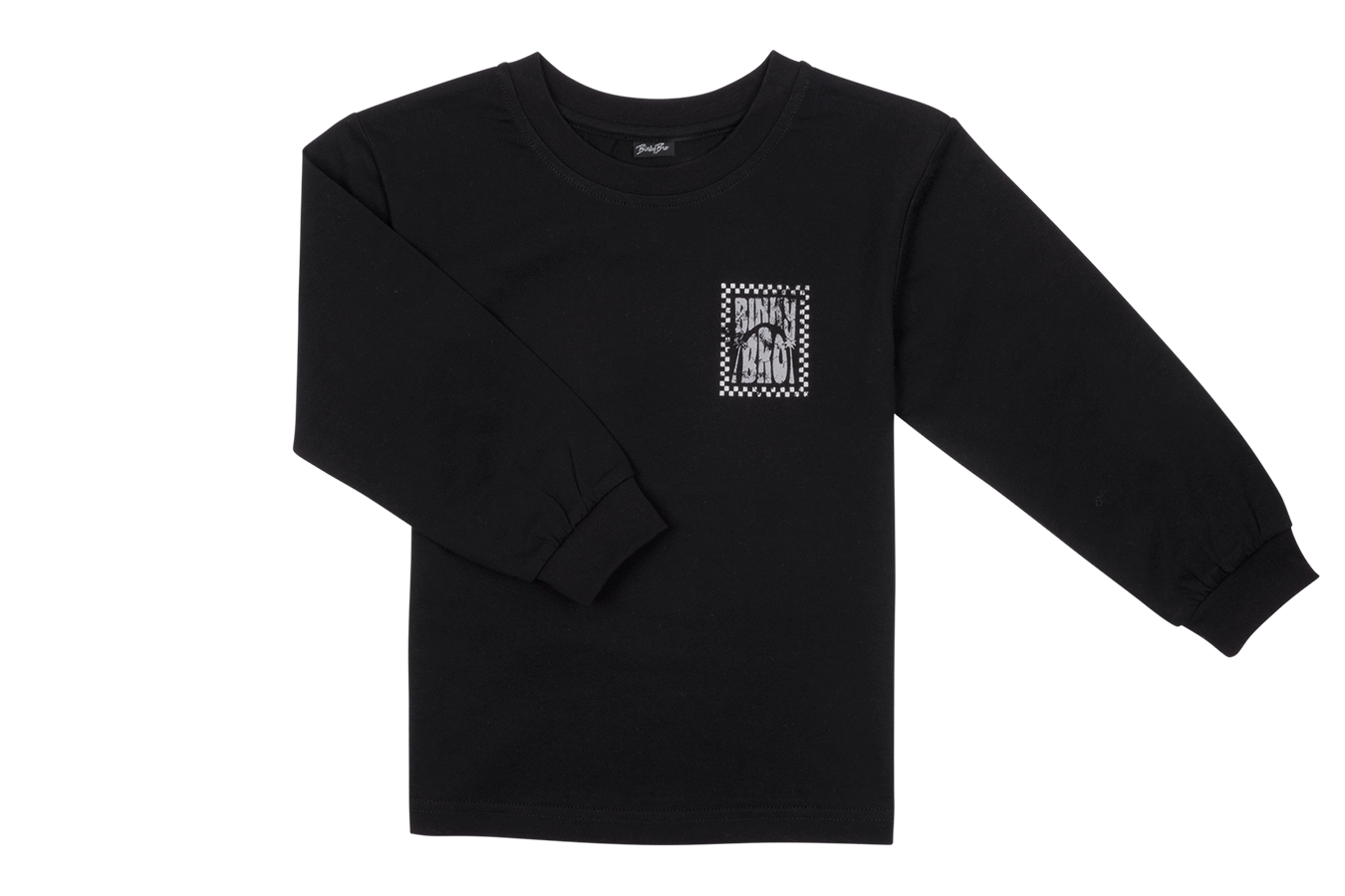 Black long-sleeve shirt featuring a checkerboard graphic on the front, designed for kids with a stylish, casual vibe.