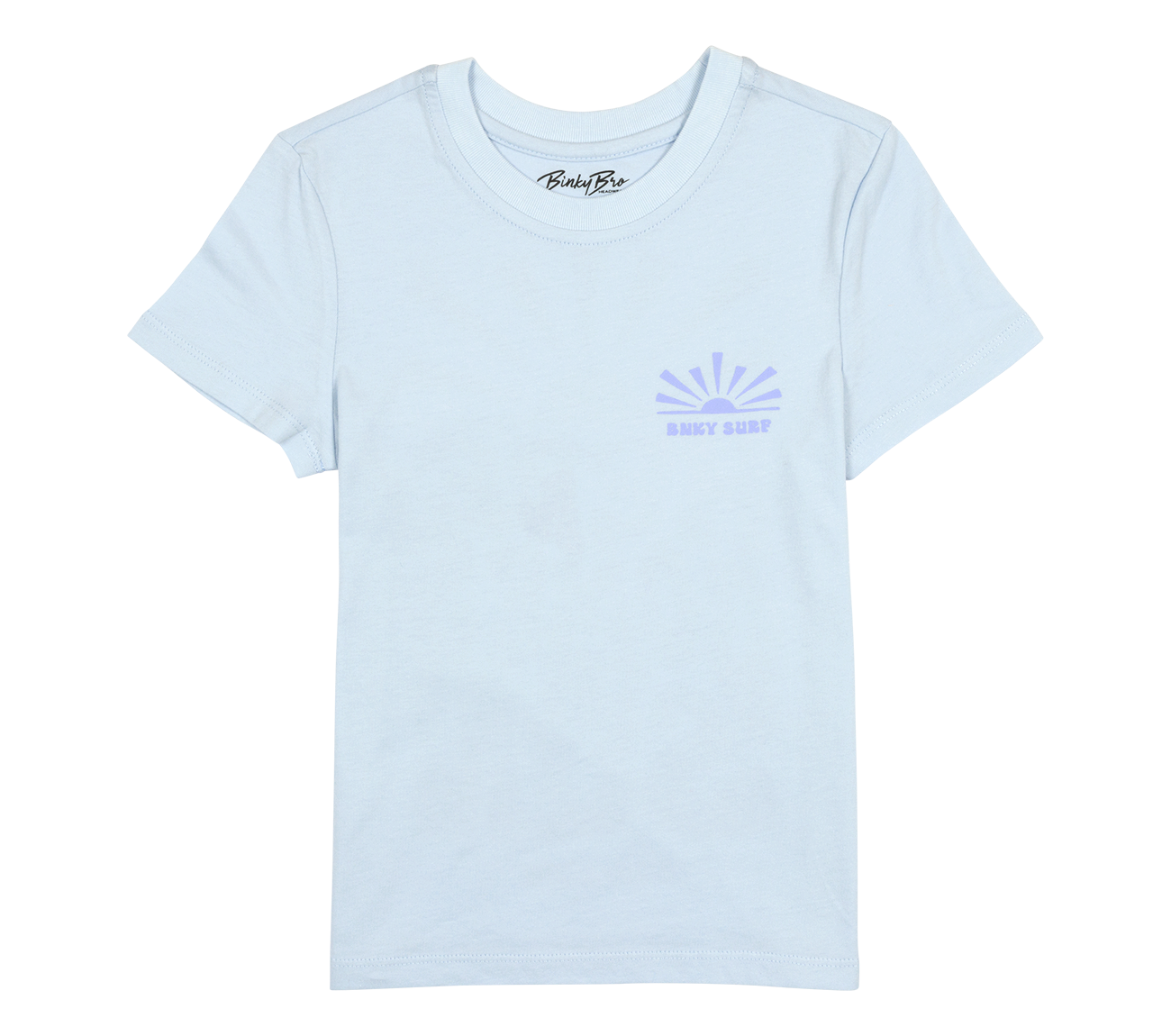 Light blue t-shirt featuring a small purple sun graphic on the chest, designed for kids with a surf-inspired style.