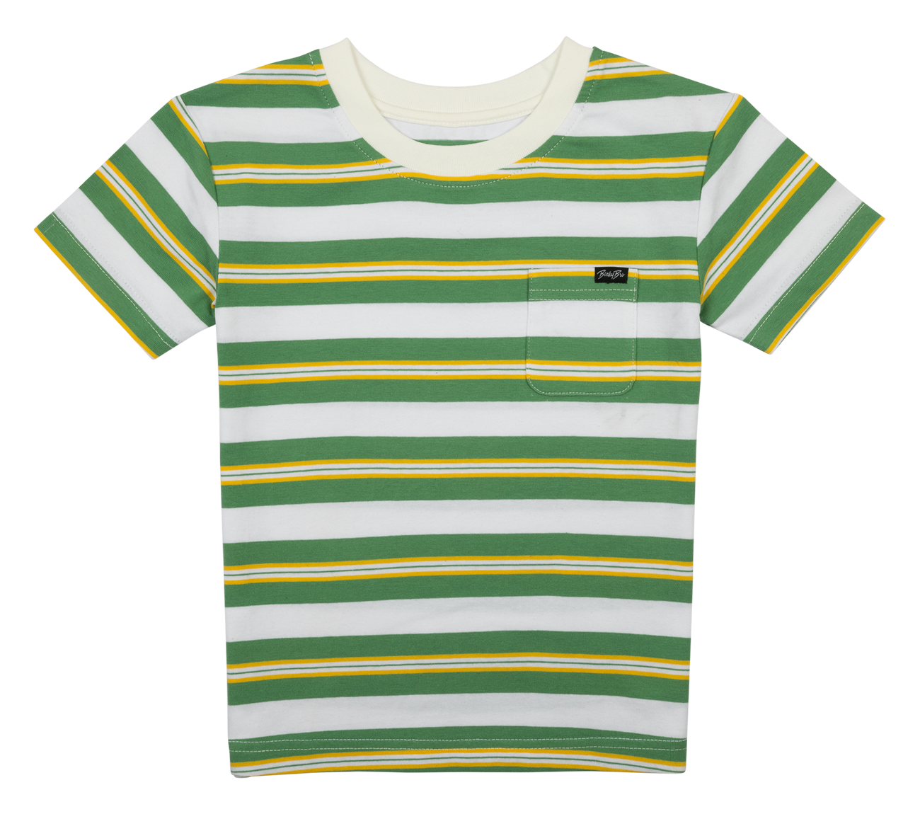 Green and white striped t-shirt with yellow and orange accents and a chest pocket, designed for kids.