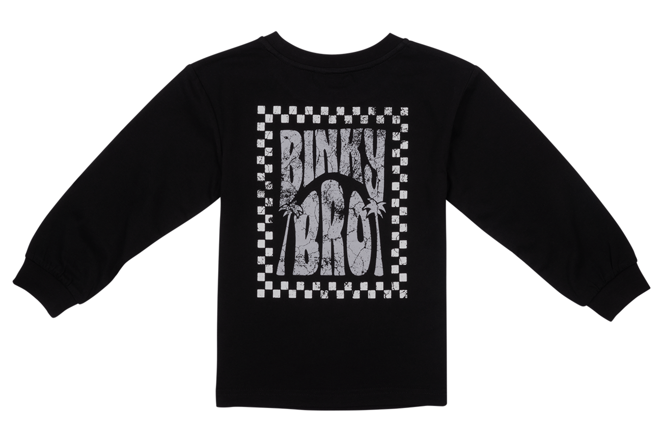 Black long-sleeve shirt featuring a bold BinkyBro graphic design with checkered borders, perfect for stylish kids.