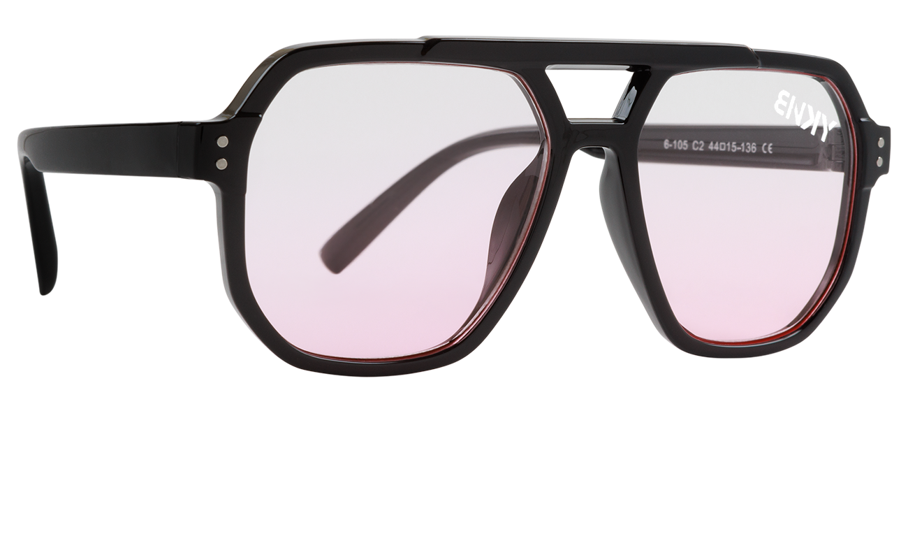 Stylish black sunglasses with pink-tinted lenses, featuring a modern geometric frame design. Perfect for sunny days.