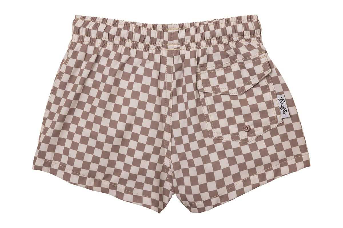 Brown checkered swim shorts with an elastic waistband and a back pocket featuring a small brand label.