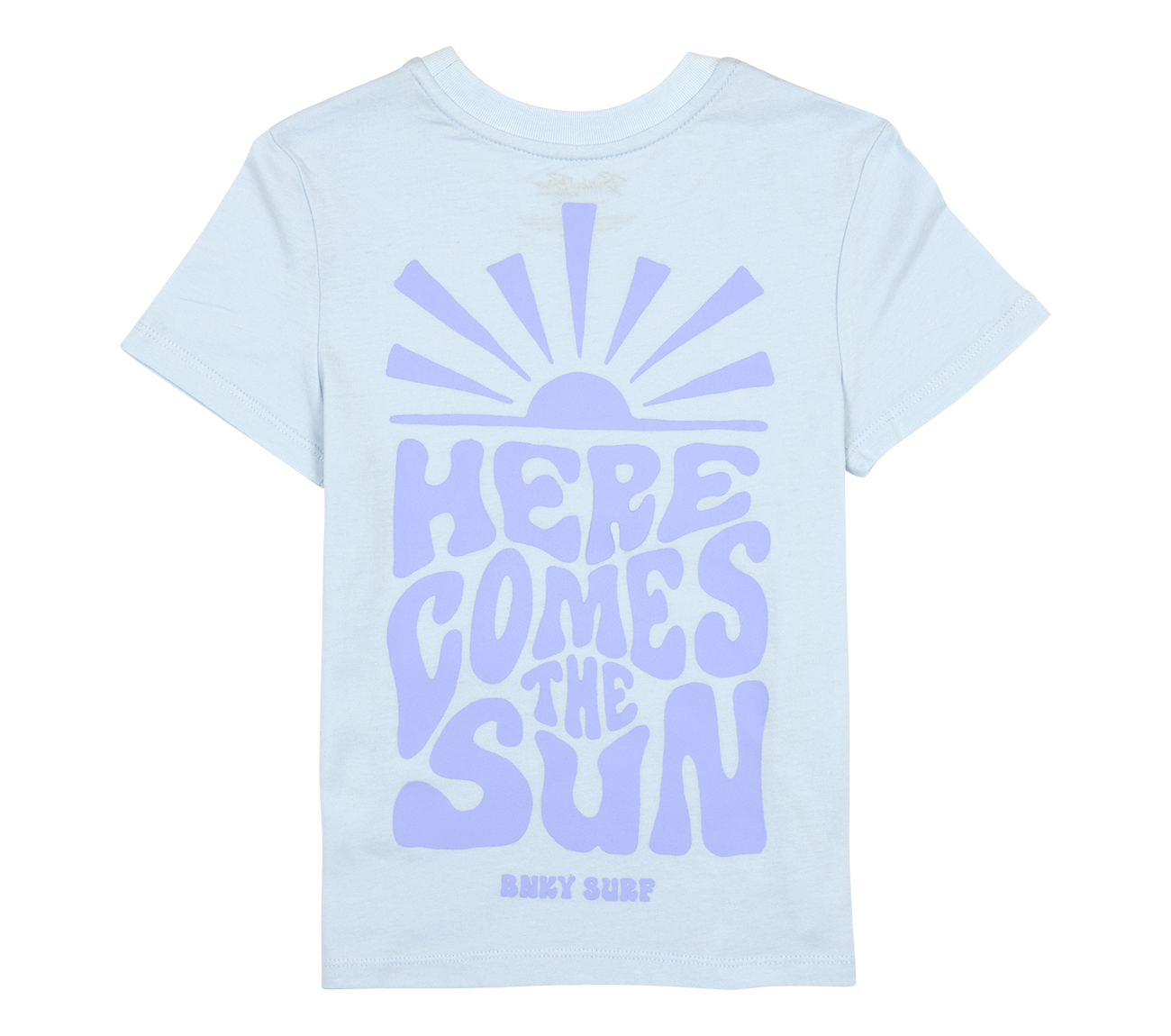 Light blue youth t-shirt featuring a playful purple graphic that reads "Here Comes the Sun" with a sunburst design.