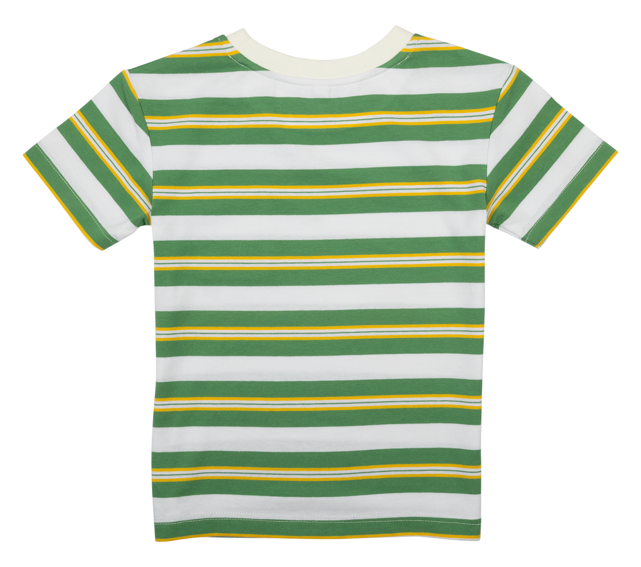 Back view of a green and white striped t-shirt for kids, featuring yellow accent stripes, perfect for casual wear.