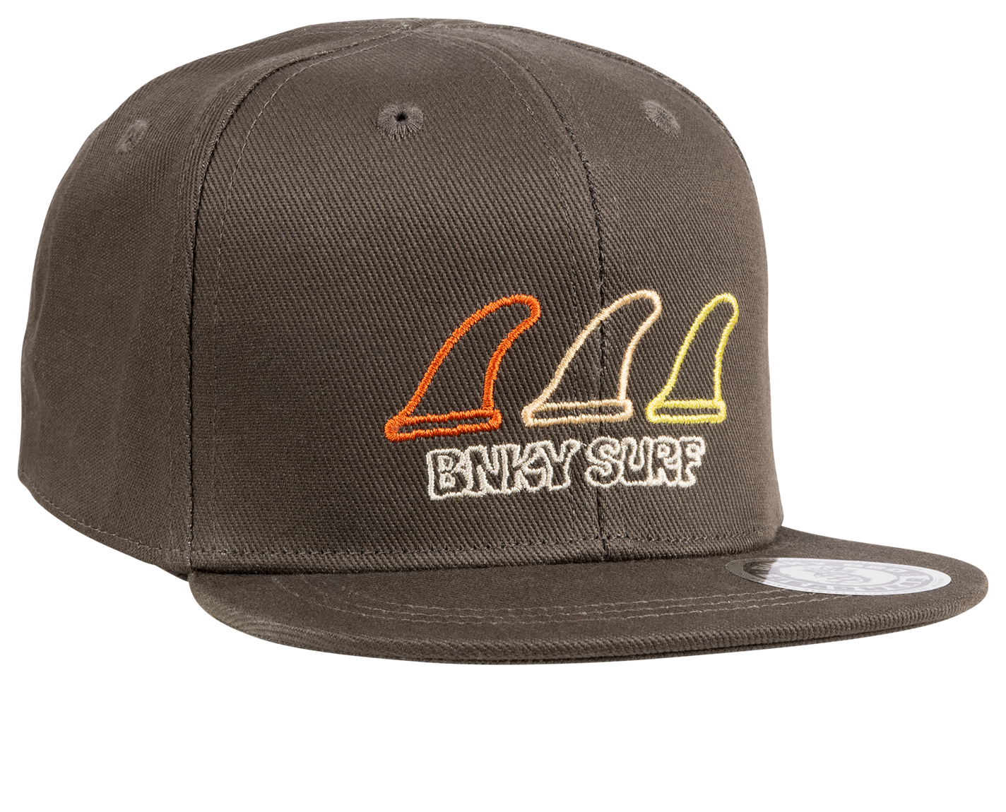 Stylish snapback hat in dark gray featuring colorful surfboard fin embroidery, perfect for kids' surf-snow-skate lifestyle.