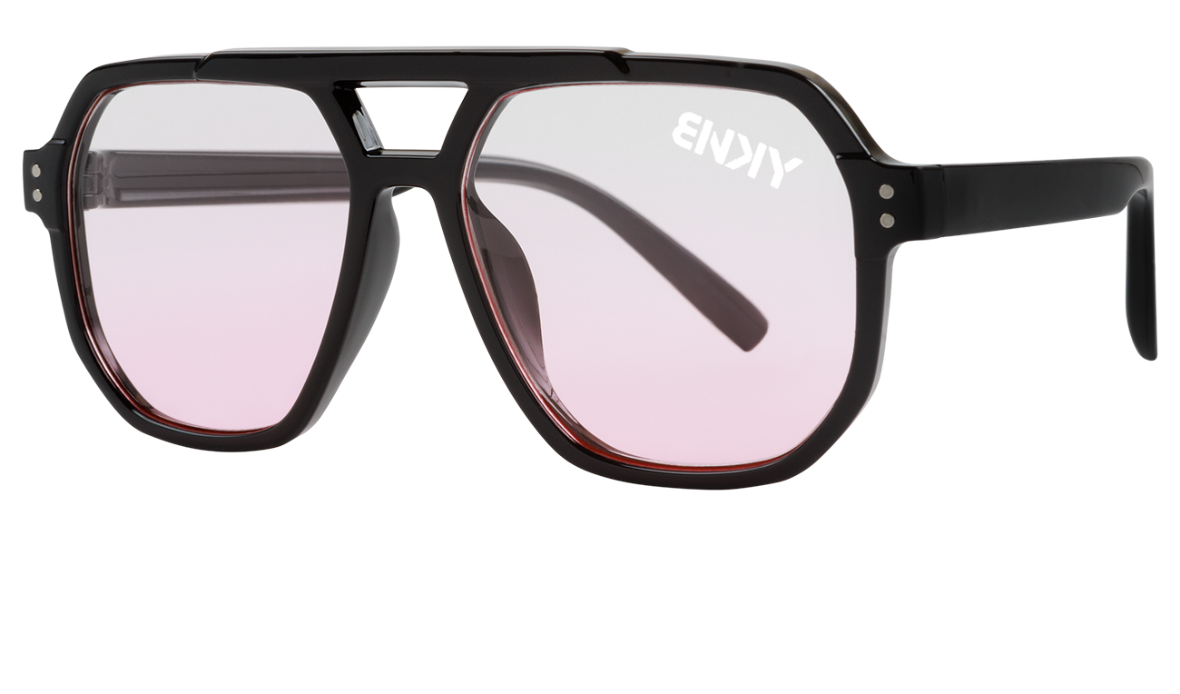 Stylish black sunglasses with oversized frames and pink-tinted lenses, perfect for a trendy summer look.