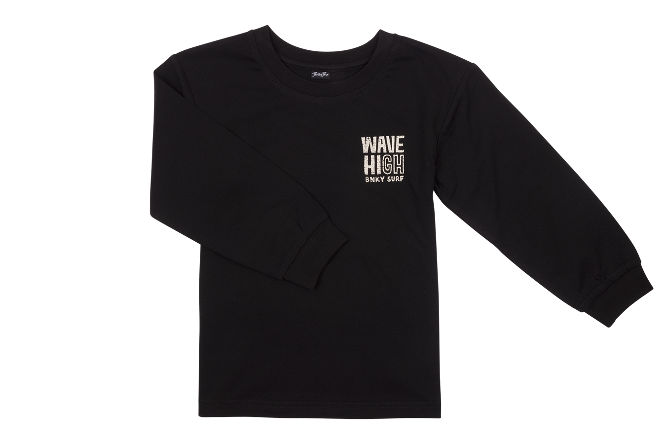 Black long-sleeve shirt featuring "WAVE HIGH" graphic, designed for kids with a surf-inspired style. Perfect for active wear.