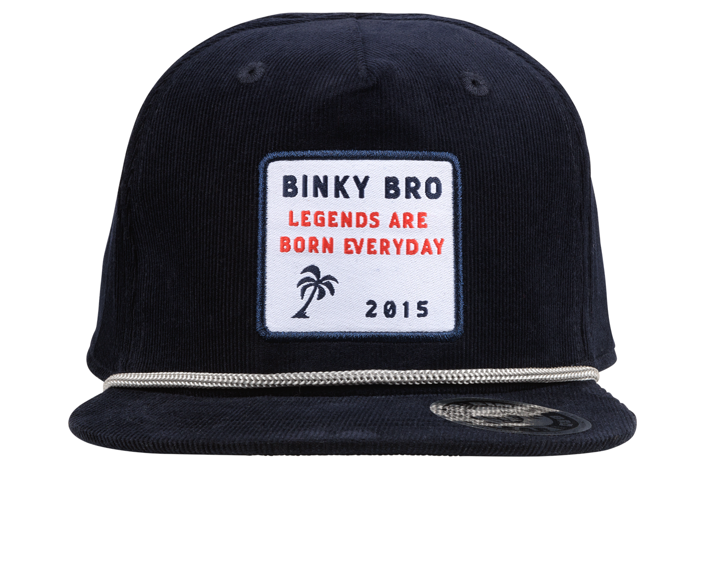 Navy corduroy snapback hat featuring a patch that reads "Binky Bro Legends Are Born Everyday 2015" with a palm tree design.