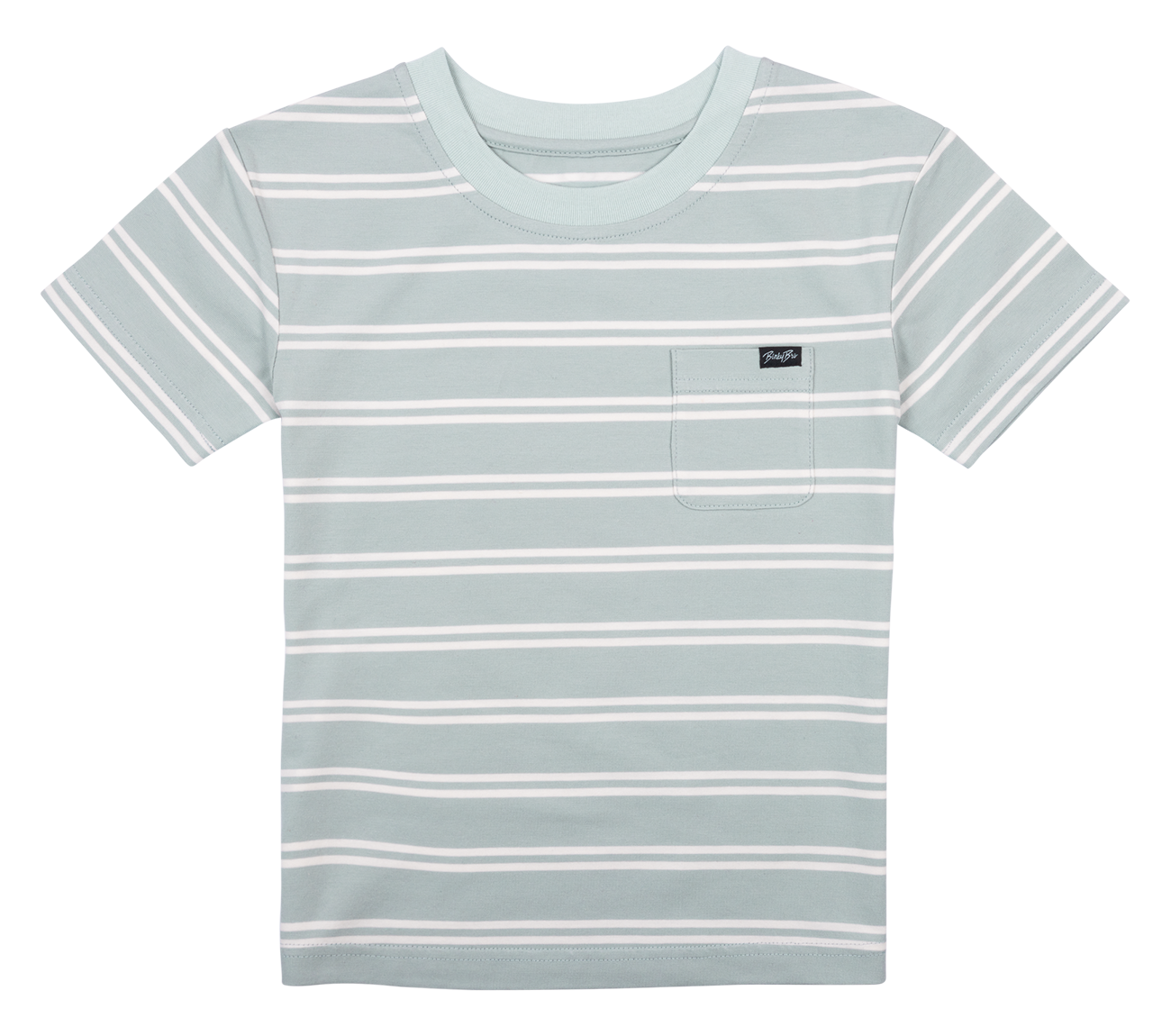 Light blue striped t-shirt for kids featuring a chest pocket and a stylish design, perfect for casual wear.
