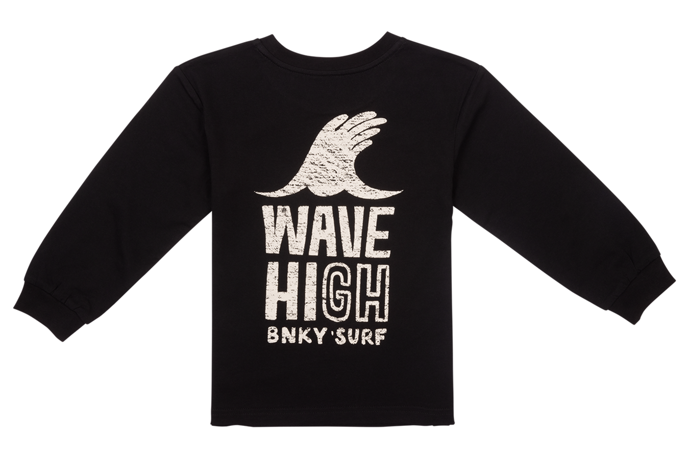 Black long-sleeve shirt featuring a wave graphic and "WAVE HIGH" text, designed for kids with a surf-inspired style.
