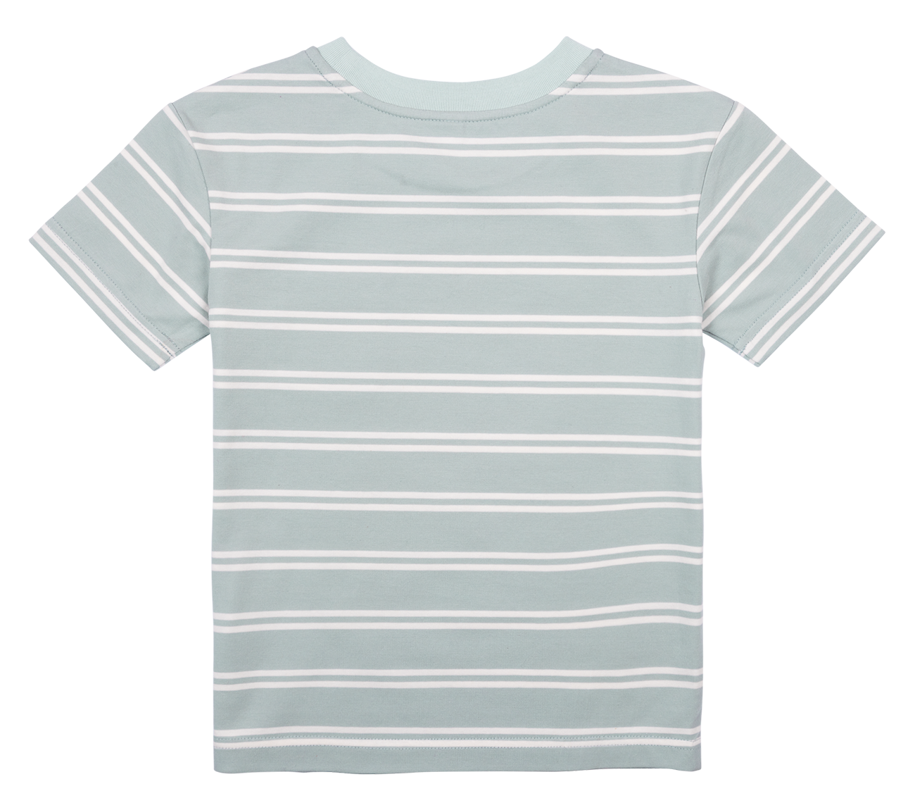 Back view of a light blue striped t-shirt for kids, featuring horizontal white stripes, perfect for a stylish casual look.