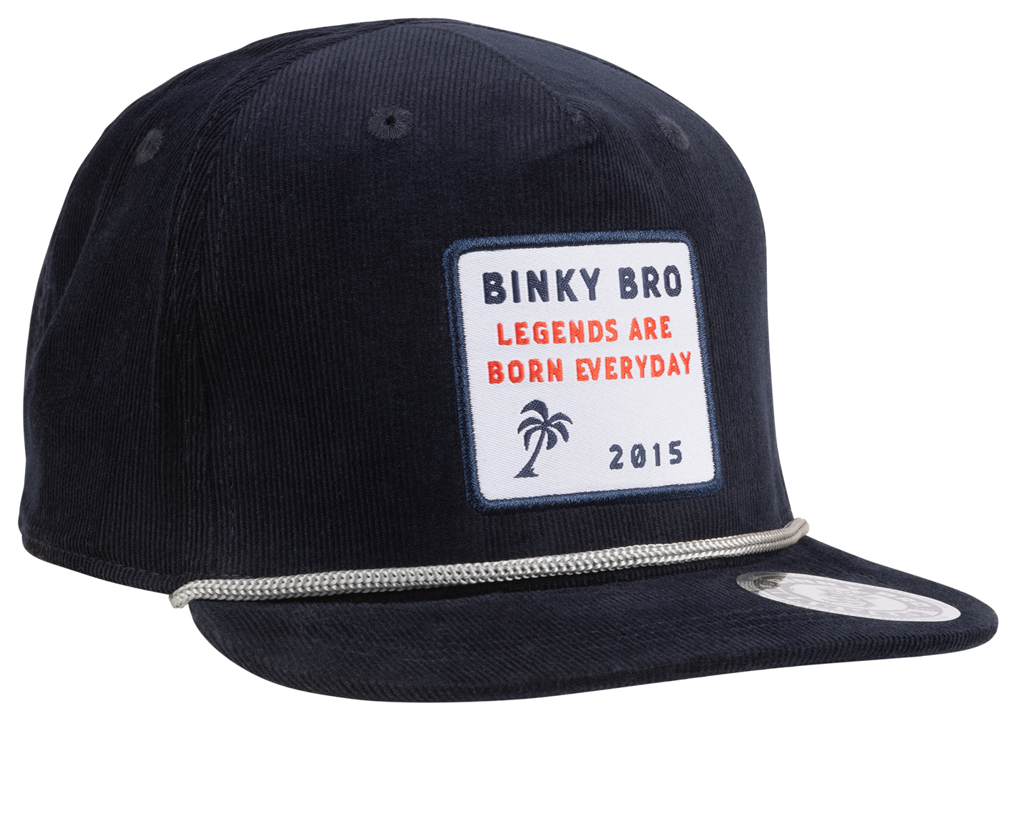 Navy snapback hat with a patch reading "Binky Bro Legends Are Born Everyday 2015" and a palm tree design.