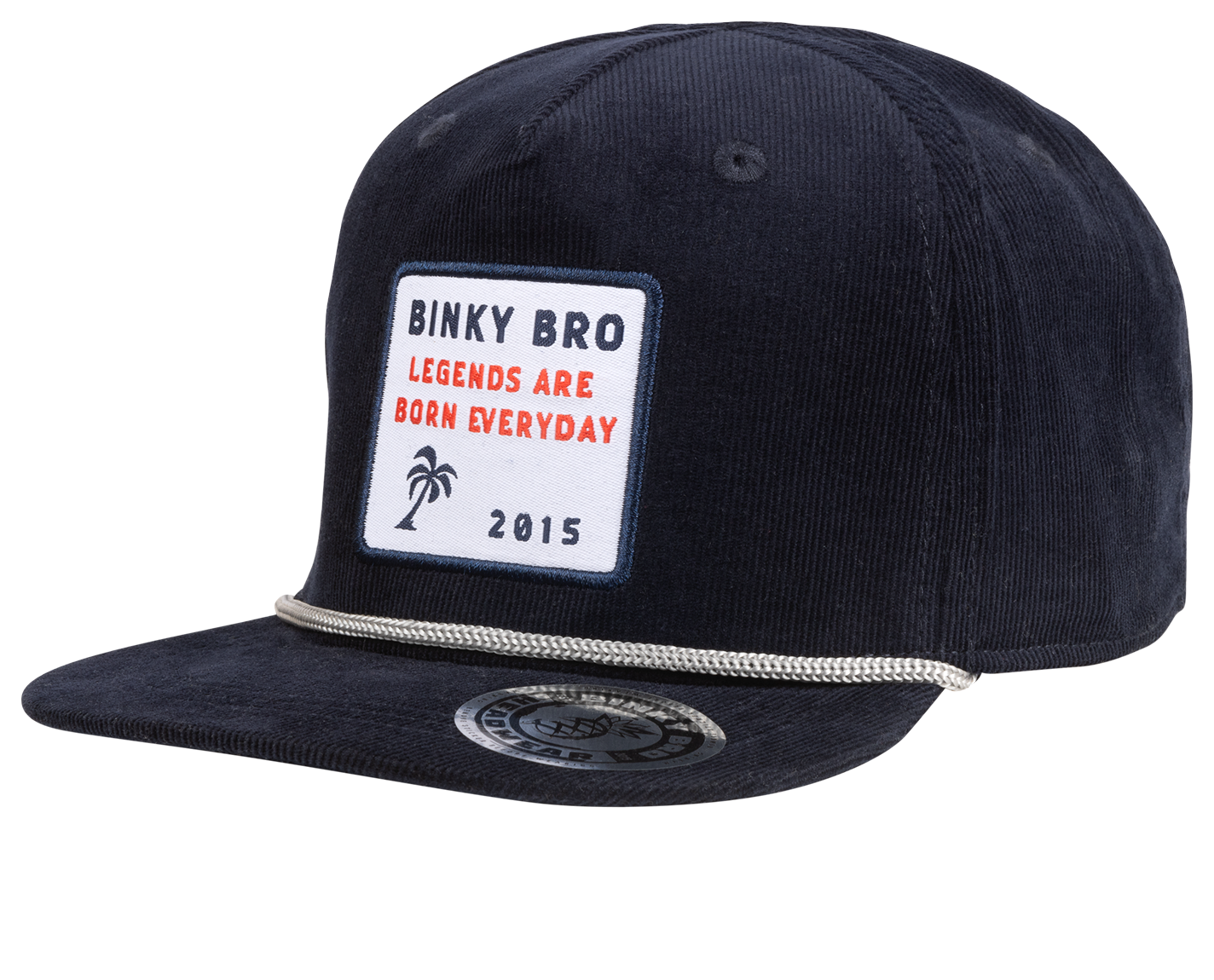 Navy corduroy snapback hat featuring a retro patch with "Binky Bro Legends Are Born Everyday 2015" and a silver chain detail.