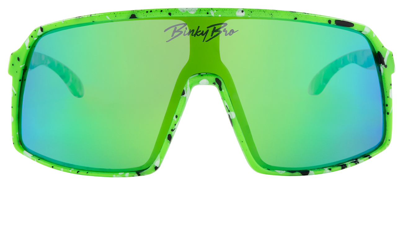 Electric green oversized sunglasses with a sleek design and reflective lenses, perfect for stylish outdoor adventures.