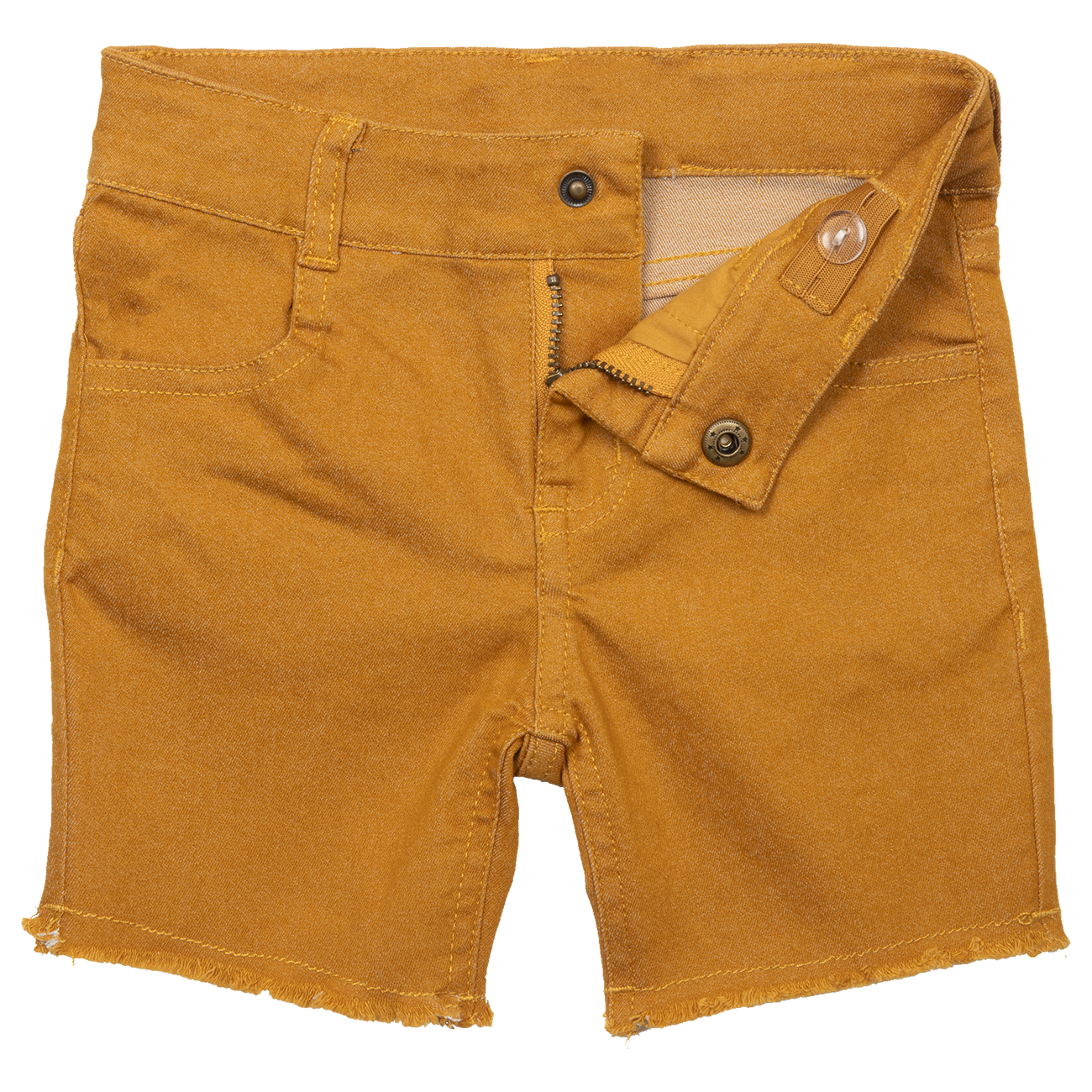 Apricot-colored Waco shorts featuring a button closure, front pockets, and a frayed hem for a stylish look.