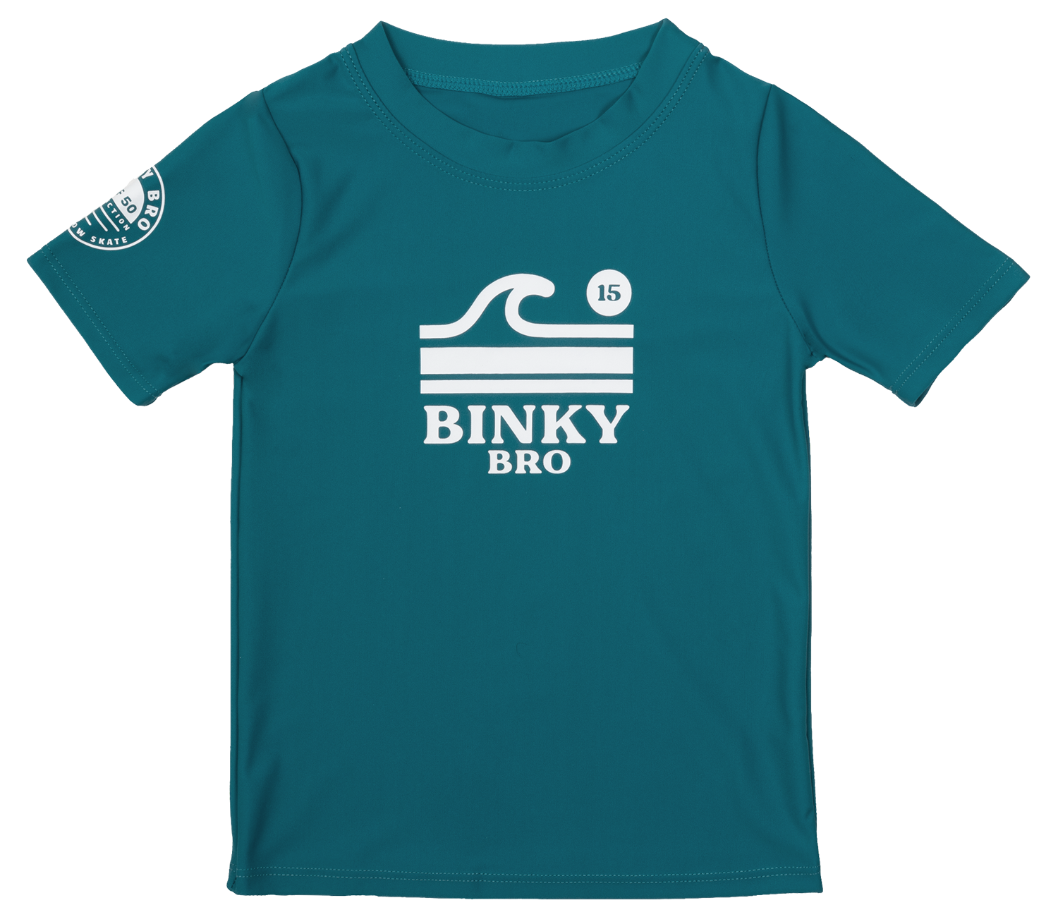 Teal rash guard featuring a wave graphic and BinkyBro logo, designed for infants and toddlers. Ideal for sun protection.