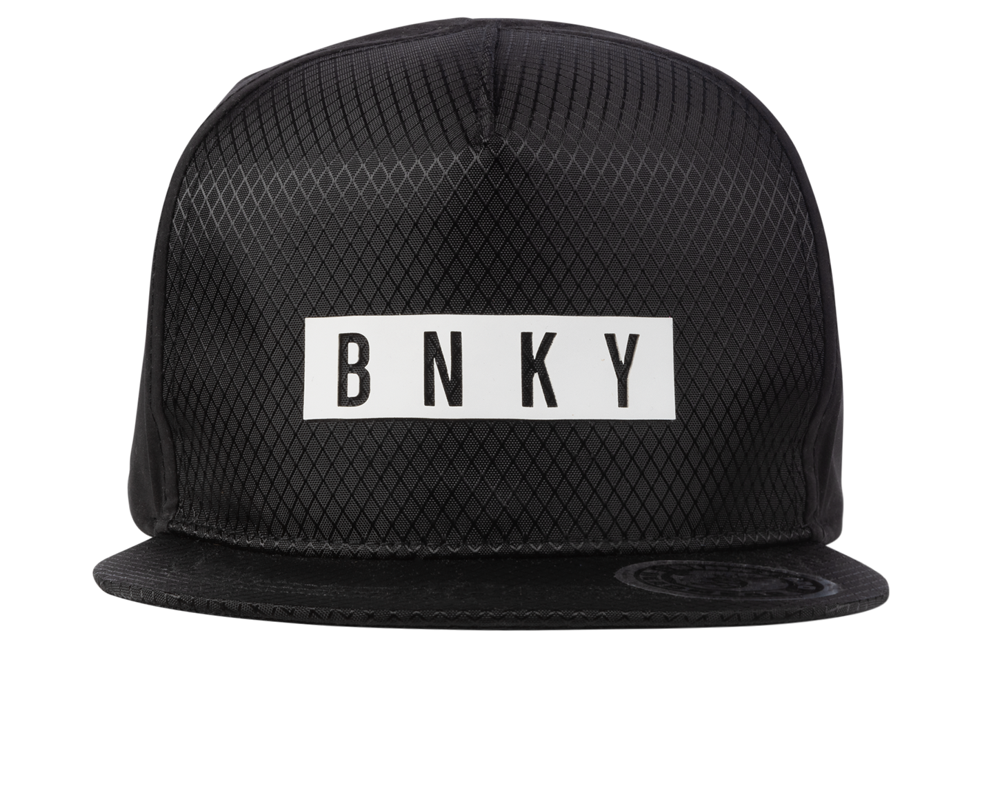 Black mesh snapback hat featuring a bold white BNKY logo on the front, designed for stylish youth apparel.