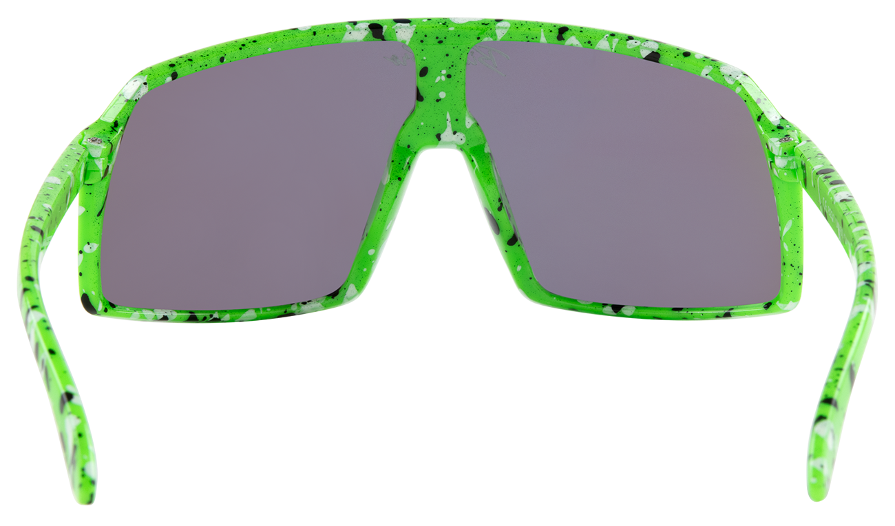 Electric green sunglasses with a bold speckled design and dark lenses, perfect for a stylish outdoor look.