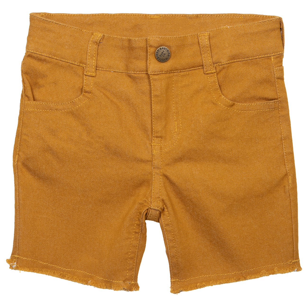 Stylish apricot-colored shorts for kids with a frayed hem and classic five-pocket design. Perfect for summer adventures.