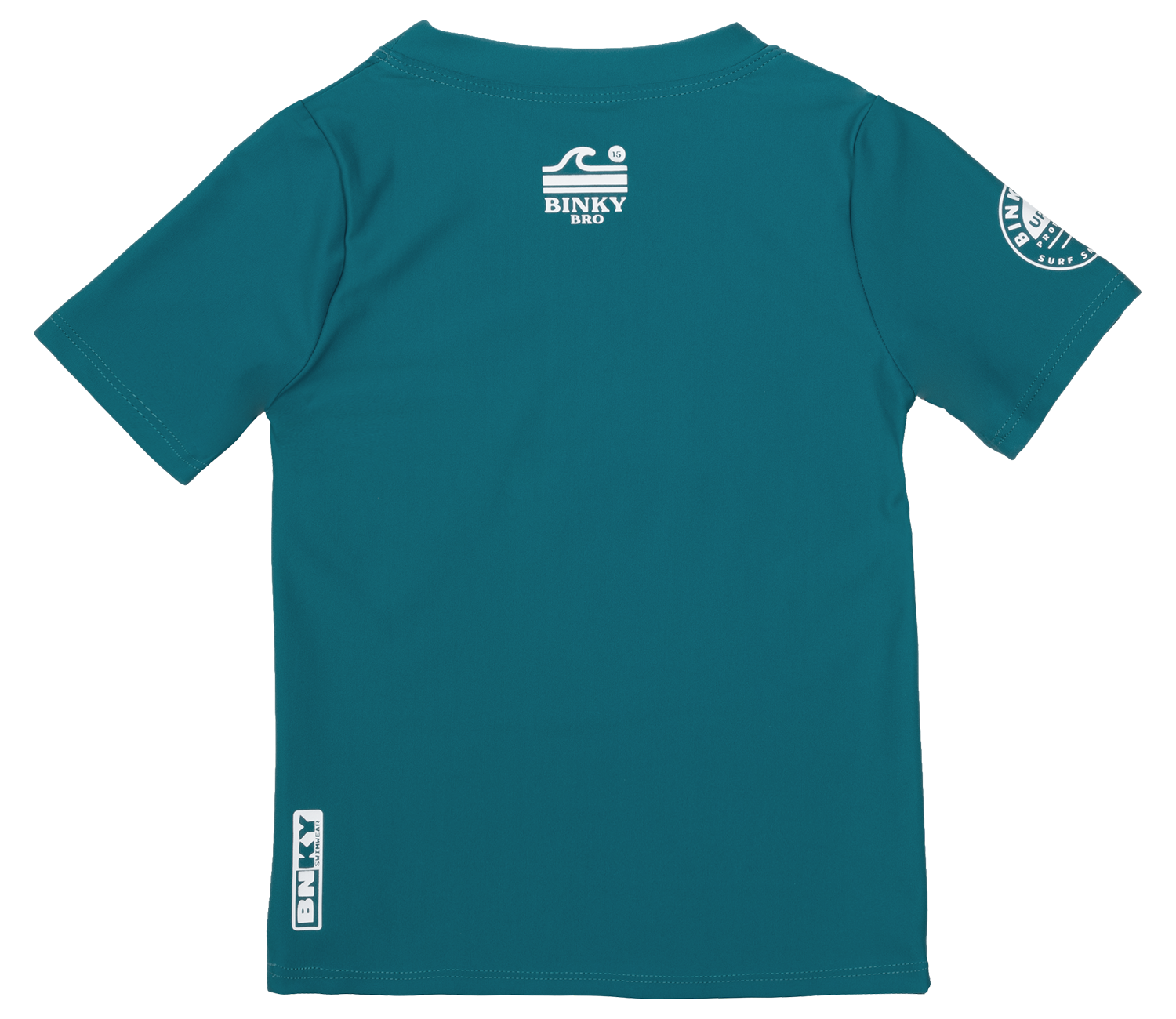 Teal rash guard for kids featuring a logo on the back, designed for sun protection during outdoor activities.