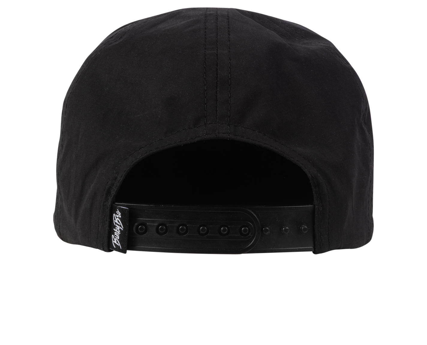 Black snapback hat with an adjustable strap at the back, featuring a clean and minimalist design.