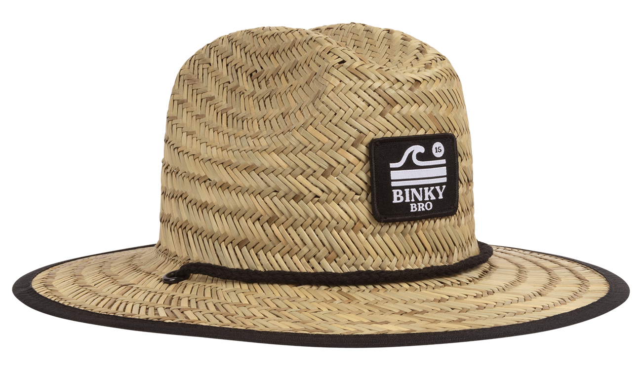 Stylish straw sun hat with a wide brim and Binky Bro logo, perfect for infants and toddlers enjoying outdoor adventures.