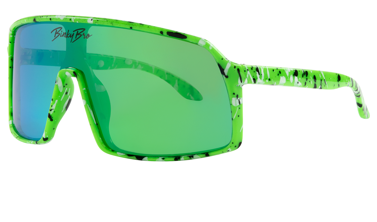 Electric Green Monteverde sunglasses featuring a bold oversized design with a speckled pattern and gradient lenses.