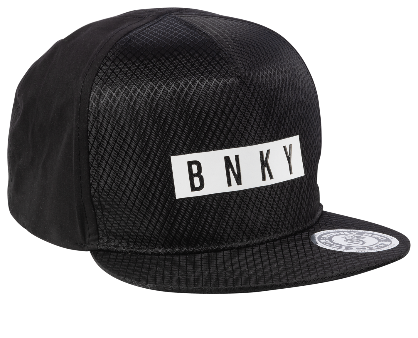 Stylish black snapback cap with a mesh design and BNKY logo, perfect for kids embracing a surf-snow-skate lifestyle.