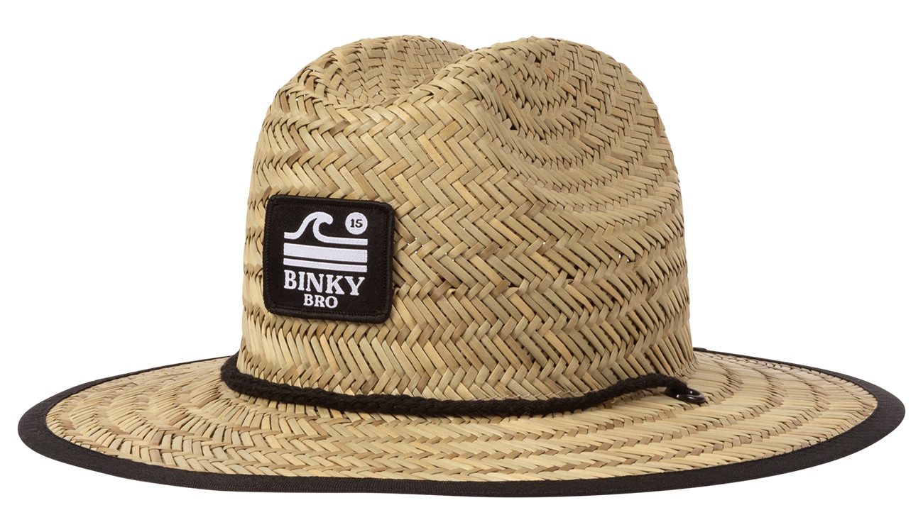 Stylish straw sun hat with a wide brim and a black Binky Bro logo patch, perfect for kids' outdoor adventures.