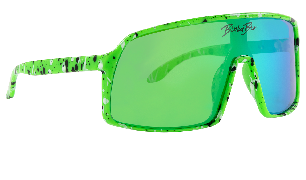 Electric green sunglasses with a bold, oversized design and speckled pattern, featuring BinkyBro branding.