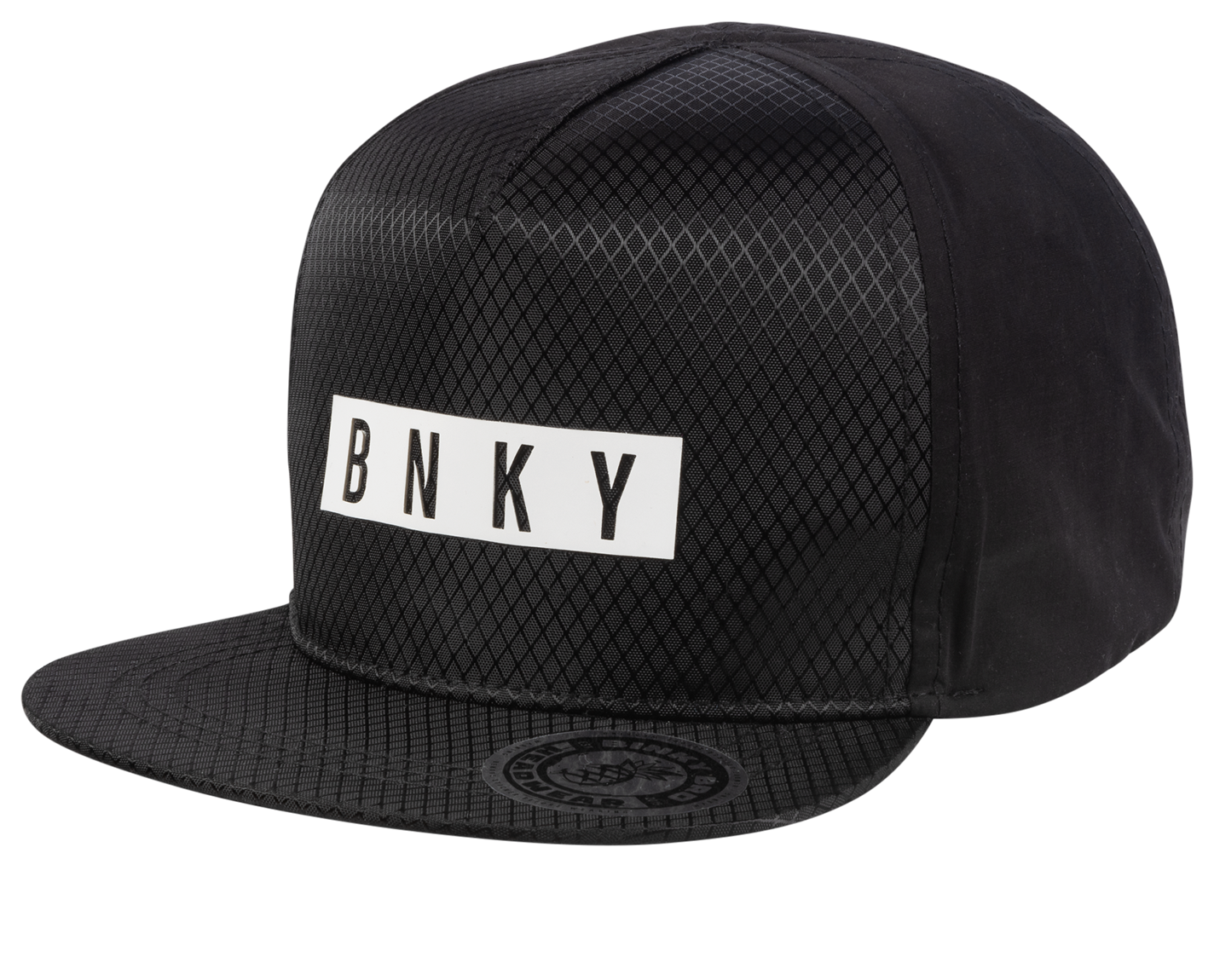 Stylish black snapback hat with a textured mesh design and bold BNKY logo, perfect for kids' surf-snow-skate lifestyle.