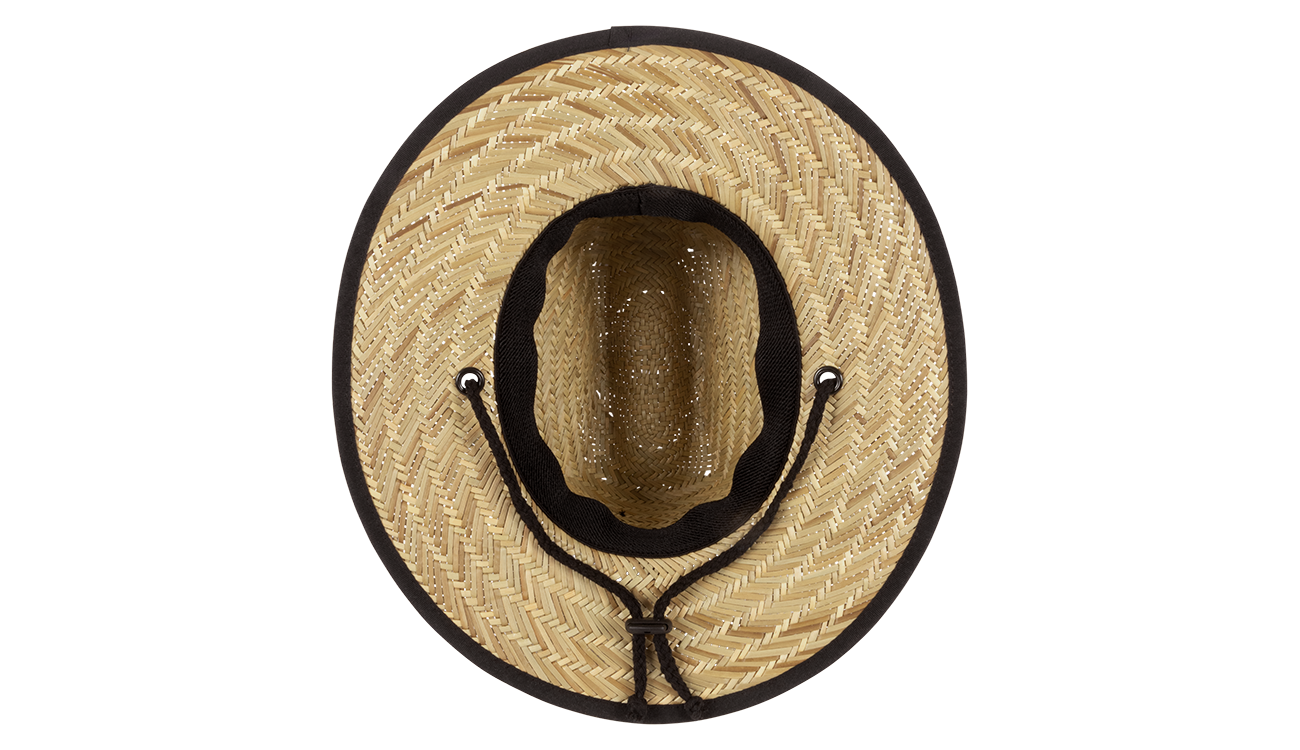 Natural straw sun hat with a wide brim and adjustable chin strap, perfect for stylish sun protection for kids.