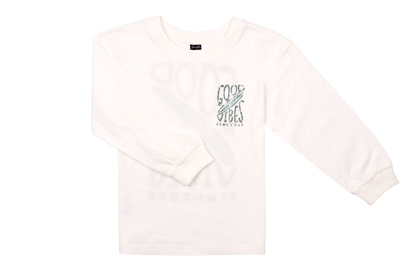 White long-sleeve shirt featuring "Good Vibes" graphic in a vintage style, perfect for kids' casual wear.