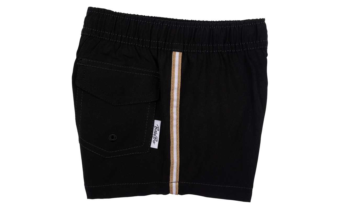 Black swim shorts featuring a side pocket and a contrasting zipper, designed for kids' active summer fun.