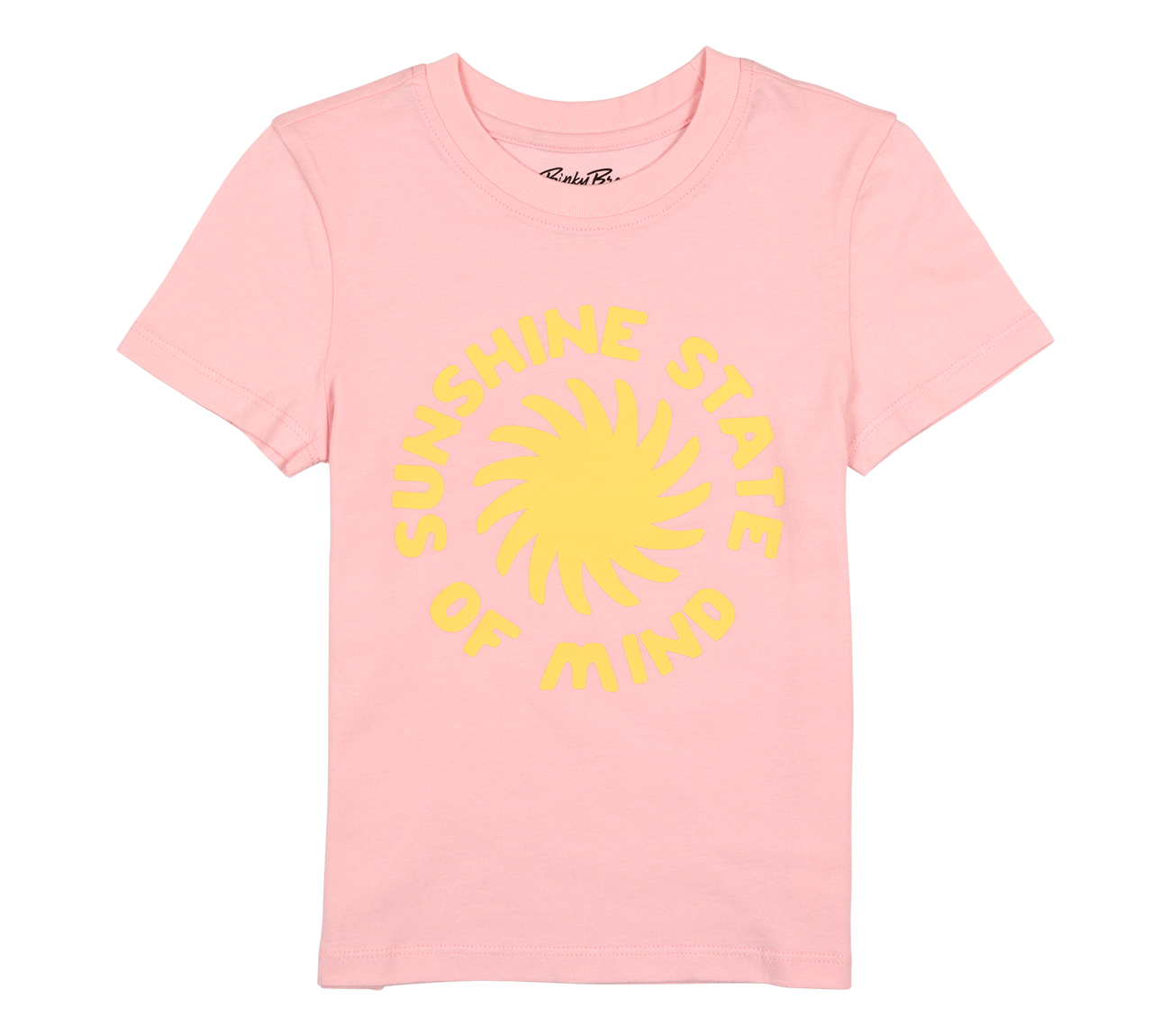 Light pink youth t-shirt featuring a yellow sun graphic with the text "Sunshine State of Mind" in a playful font.