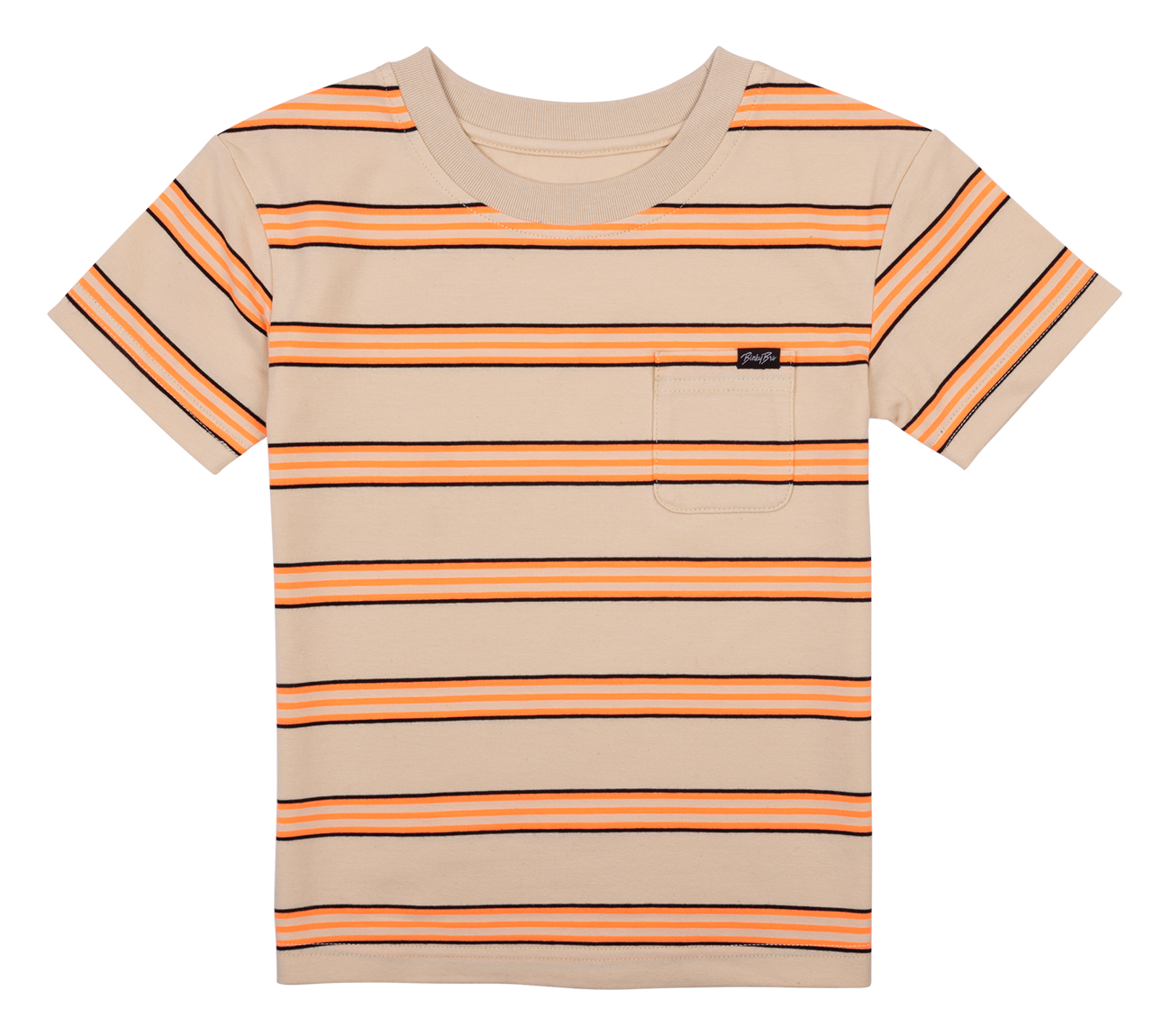 Tan short-sleeve shirt featuring bold orange and black stripes with a chest pocket, designed for kids' casual wear.