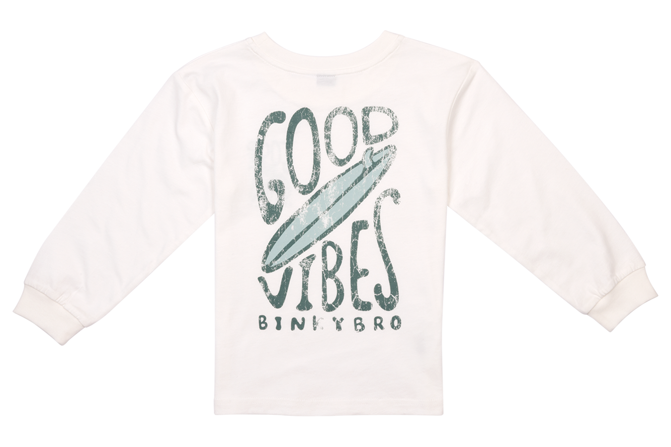 White long-sleeve shirt featuring a retro design with "Good Vibes" and a surfboard graphic, ideal for kids.