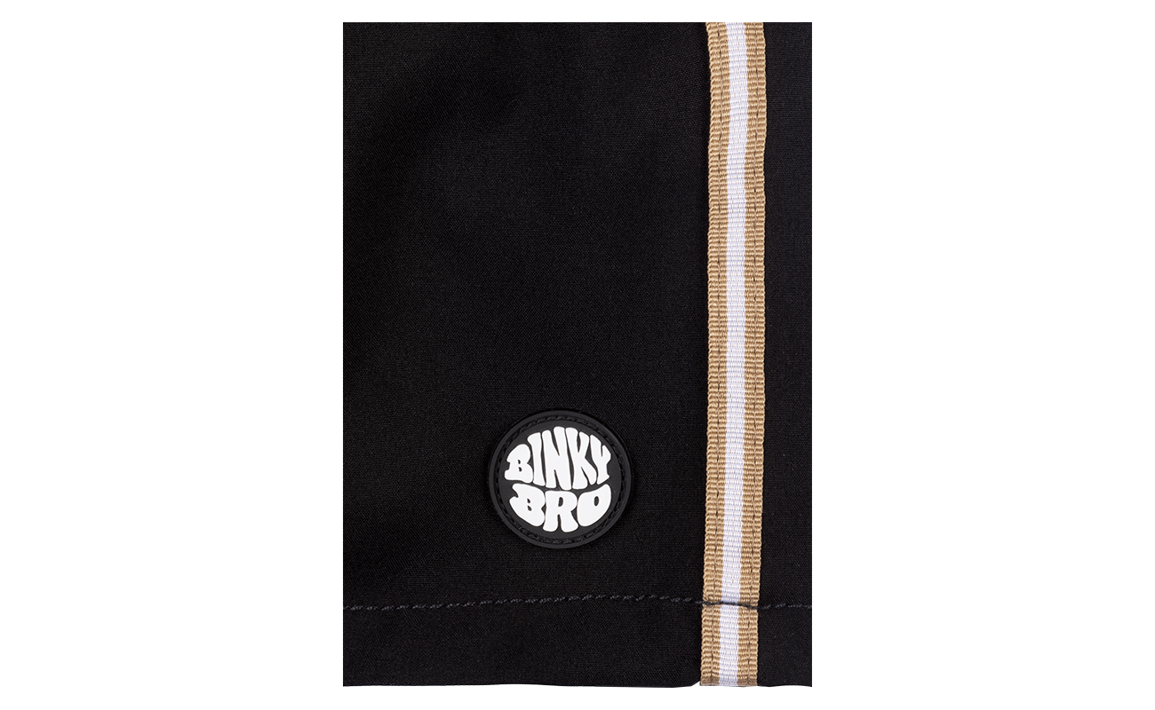 Black Kavas Swimmie featuring a stylish design with a BinkyBro logo and contrasting gold stripes. Perfect for active kids.