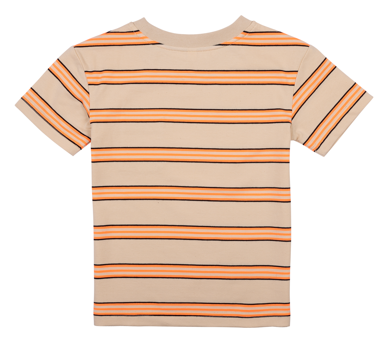 Back view of a beige kids' t-shirt featuring horizontal stripes in orange and black, perfect for stylish play.