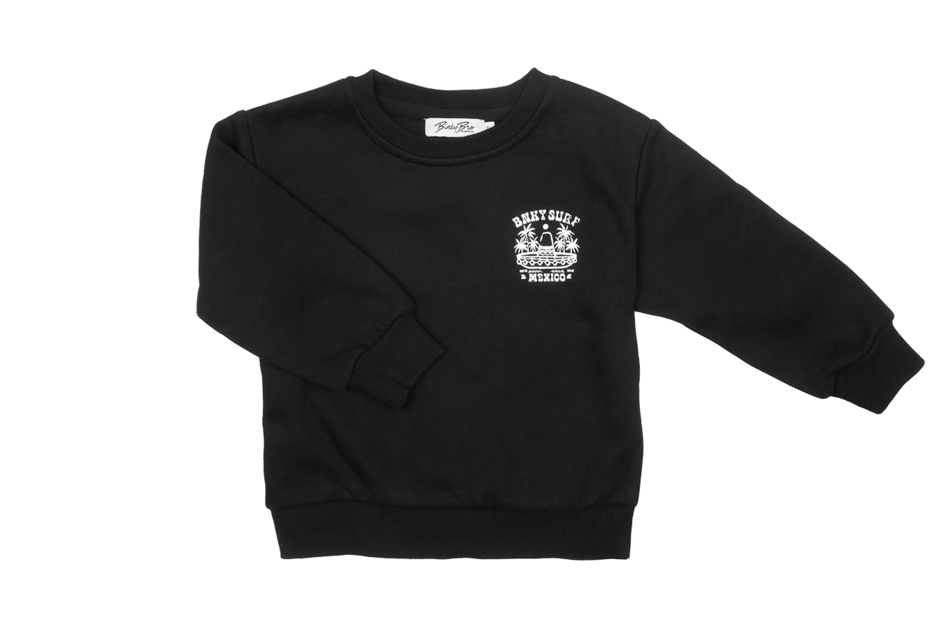 Black sweatshirt featuring a stylish graphic design that reads "Surf Mexico," perfect for kids who love surf culture.