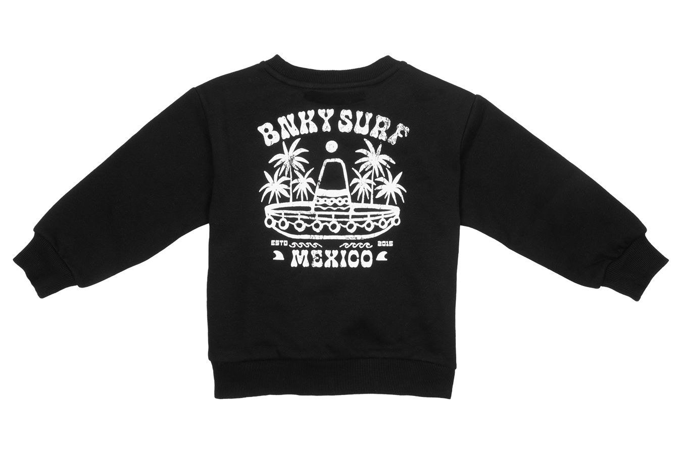 Black sweatshirt featuring a white graphic design of a sombrero surrounded by palm trees and the text "Binky Surf Mexico.
