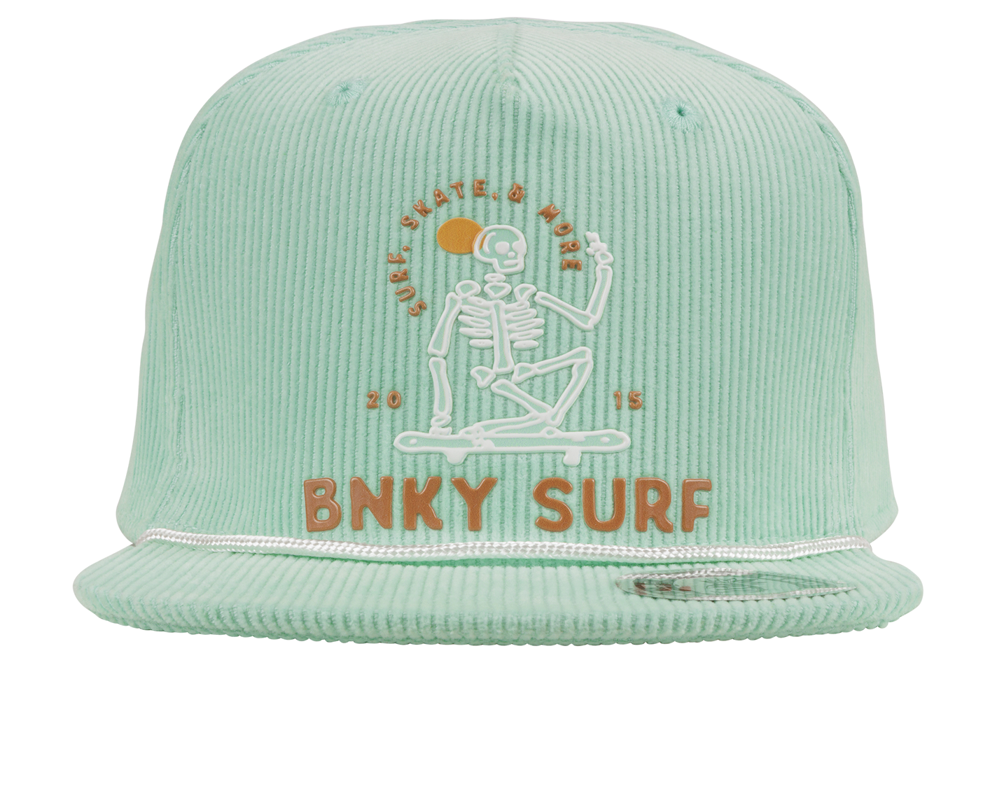 Mint green snapback hat featuring a skeleton graphic and "BNKY SURF" text, perfect for stylish kids.