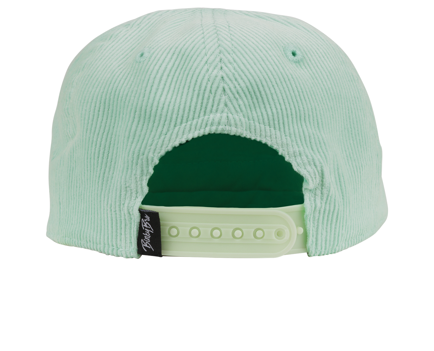 Back view of a mint green corduroy snapback hat featuring an adjustable strap, designed for kids' stylish outdoor wear.