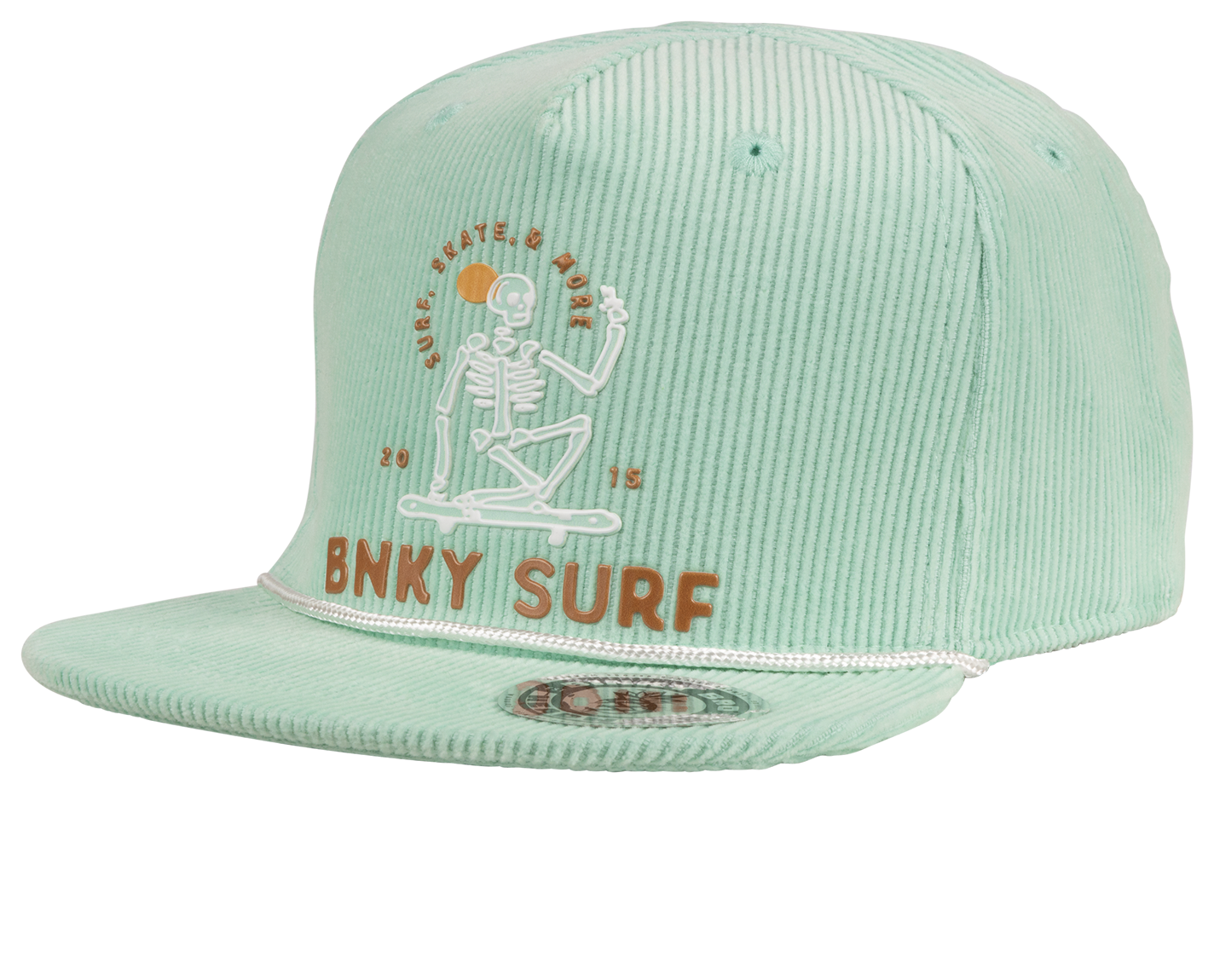 Light green corduroy snapback hat featuring a skeleton graphic and "BNKY SURF" text, perfect for kids' surf and skate style.